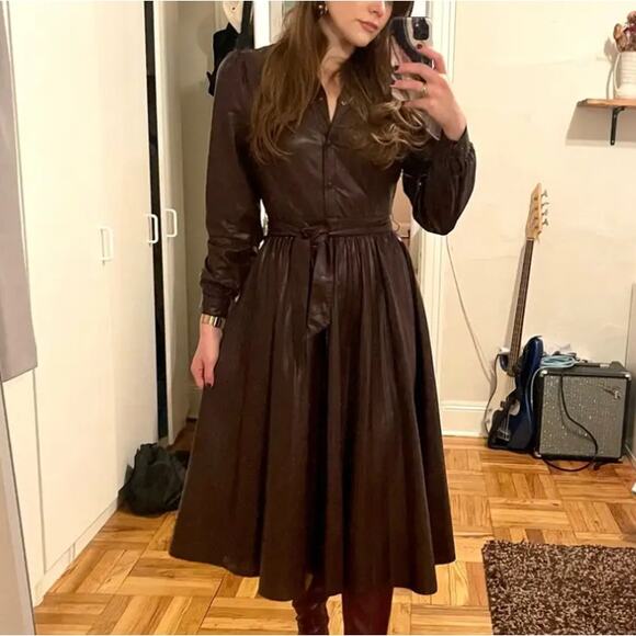 Peter Som Brown Faux Leather Midi Dress Size 10 Fit n Flare Career Designer $430 - Picture 6 of 11